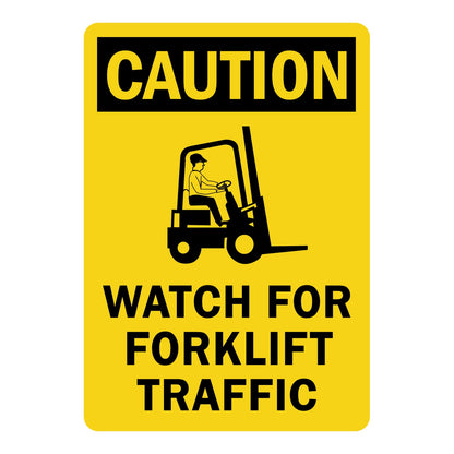 Yellow caution sign sticker with black text reading "Watch For Forklift Traffic" and a forklift operator icon, used for warehouse and workplace safety