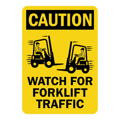 Yellow caution sign sticker with black text reading "Watch For Forklift Traffic" featuring two moving forklift graphics for warehouse and industrial safety signage