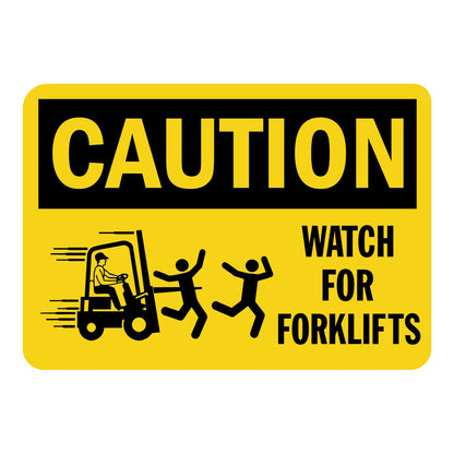 Yellow caution sign sticker with black text reading "Watch For Forklifts" featuring a graphic of a moving forklift and pedestrians, for warehouse and workplace safety