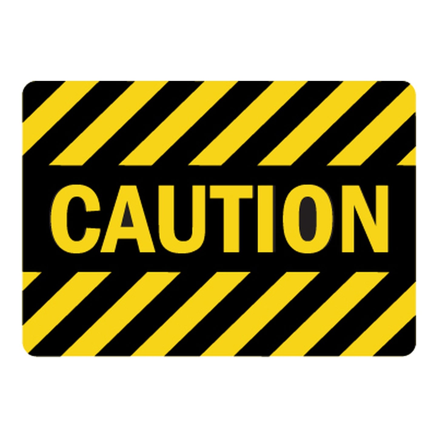 Caution safety sign with bold yellow text reading Caution on black background with diagonal yellow and black hazard stripes, for general industrial workplace safety warning.