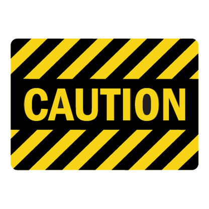 Caution safety sign with bold yellow text reading Caution on black background with diagonal yellow and black hazard stripes, for general industrial workplace safety warning.