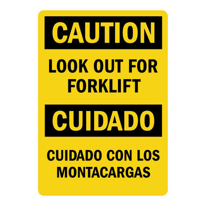 Bilingual yellow and black CAUTION sign sticker reading "LOOK OUT FOR FORKLIFT" in English and "CUIDADO CON LOS MONTACARGAS" in Spanish for warehouse and industrial safety use.