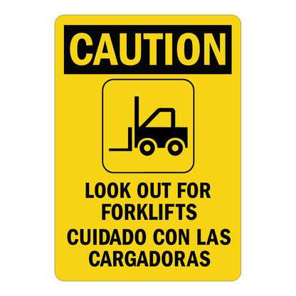 Bilingual yellow caution sign sticker with black text and forklift graphic reading "Look Out For Forklifts – Cuidado Con Las Cargadoras" for warehouse safety