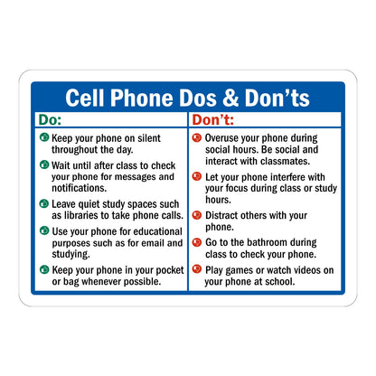 Cell Phone Use Rules sign sticker with blue border and Dos and Don’ts columns with green and red icons, a school decal outlining phone etiquette for students