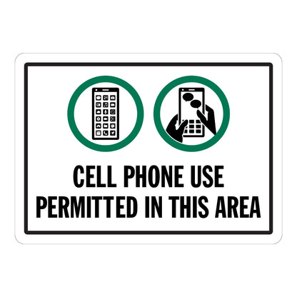 Cell Phone Use Permitted in This Area sign sticker with two green circle phone icons and bold black text, a workplace decal marking approved phone use zones