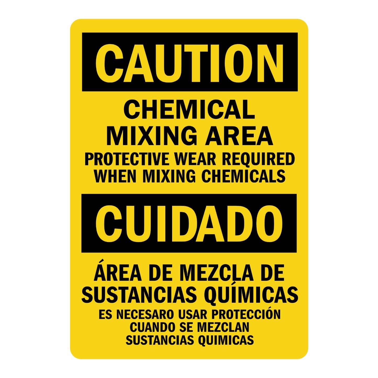 Bilingual OSHA Caution Chemical Mixing Area Protective Wear Required When Mixing Chemicals Sign Sticker with yellow background, black header bars, and English/Spanish text.