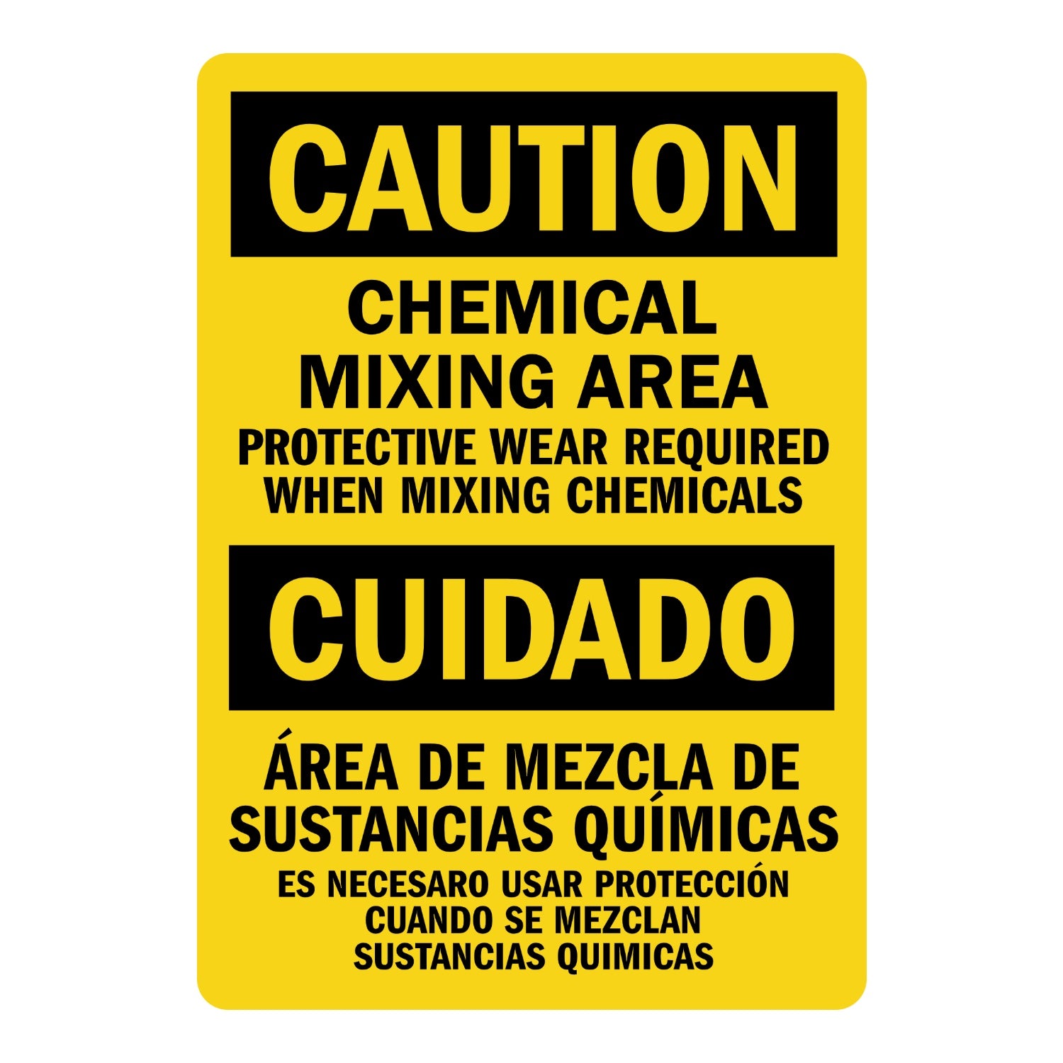 Bilingual OSHA Caution: Chemical Mixing Area, Protective Wear Required When Mixing Chemicals