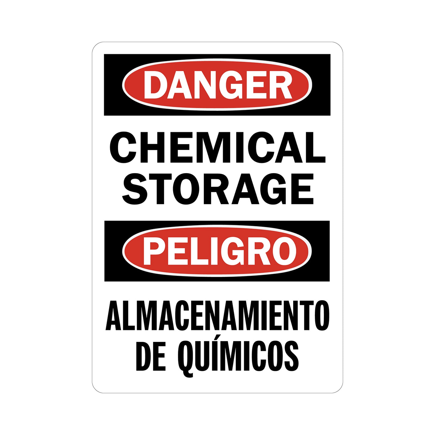 Bilingual OSHA Danger Chemical Storage Almacenamiento De Quimicos sign sticker, red oval Danger and Peligro headers, bold black text in English and Spanish on white background, chemical storage area identification workplace safety compliance sign