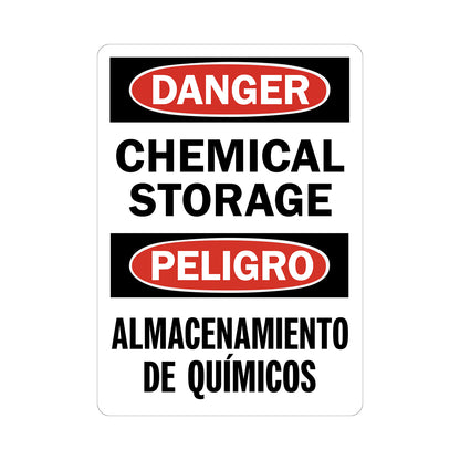 Bilingual OSHA Danger Chemical Storage Almacenamiento De Quimicos sign sticker, red oval Danger and Peligro headers, bold black text in English and Spanish on white background, chemical storage area identification workplace safety compliance sign
