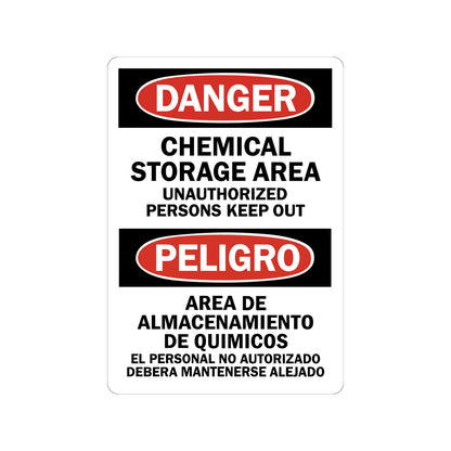 Bilingual OSHA Danger Chemical Storage Area Unauthorized Persons Keep Out Peligro Area De Almacenamiento De Quimicos Sign Sticker for English and Spanish restricted access warnings in chemical storage facilities