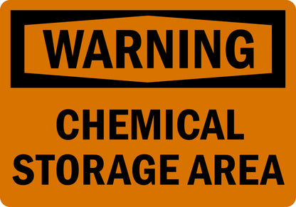 OSHA Warning Chemical Storage Area Sign Sticker alerting personnel to chemical storage hazards, orange and black ANSI compliant design for industrial, laboratory, and workplace safety applications