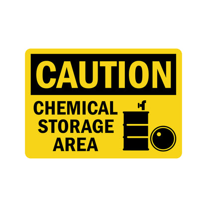OSHA Caution Chemical Storage Area Sign Sticker with chemical drum symbol alerting personnel to hazardous chemical storage zones, yellow and black OSHA compliant design for industrial workplace safety