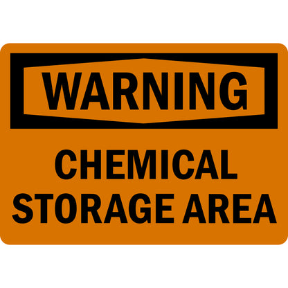 OSHA Warning Chemical Storage Area Sign Sticker alerting personnel to chemical storage hazards, orange and black ANSI compliant design for industrial, laboratory, and workplace safety applications