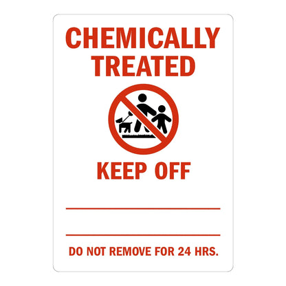 Chemically Treated, Keep Off sign stickers, white background, bold red text, no-entry icon of adult and child, script-style date fill-in line with red underline.