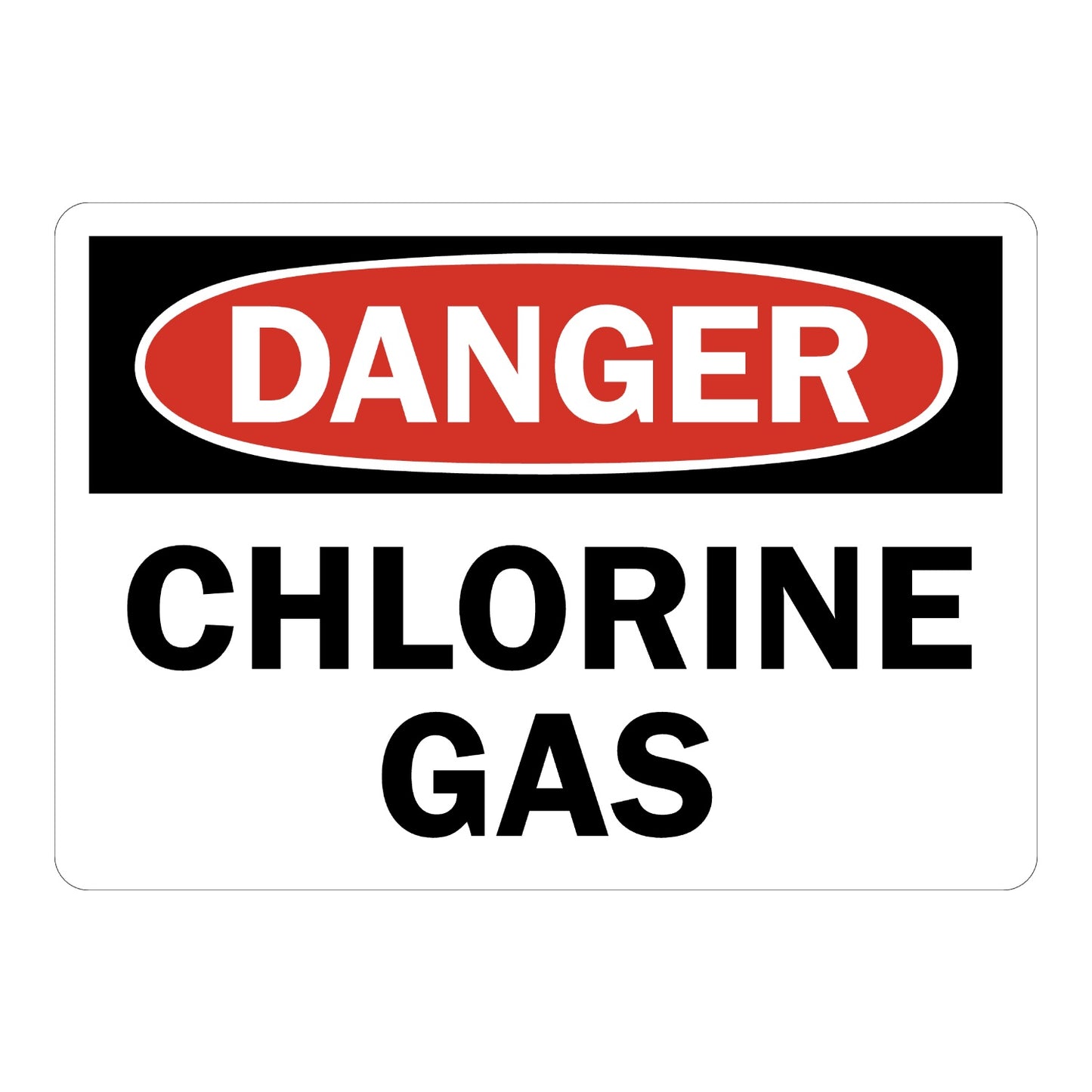 OSHA Danger Chlorine Gas Sign Sticker with white background, red and black DANGER header, and large bold black text warning of toxic gas hazard on site 