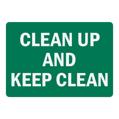 Clean Up and Keep Clean Sign Stickers with bold white capital text stacked on three lines over a solid green background, ideal for shops and busy work areas