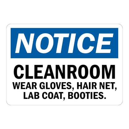 Notice: Cleanroom Wear Gloves, Hair Net, Lab Coat, Booties sign sticker with bold black text on white and a blue header, ideal for cleanroom PPE compliance.