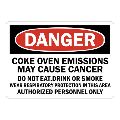 OSHA Danger: Coke Oven Emissions May Cause Cancer, Authorized Personnel Only Sign Sticker with dark gray header, red oval DANGER banner, bold text on white background