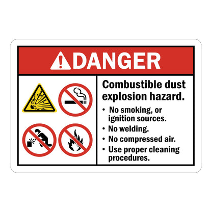 "Overview: This StickerJet DANGER English ANSI-Style High Pressure sign helps tell workers about safety procedures for high-pressure systems and industrial equipment. The sign says ""Combustible Dust - Explosion Hazard. No Smoking or Ignition Sources, No Welding, No Compressed Air"" to remind workers about the dangers of pressure, how to use the equipment, who can go near it, and how to work safely around high-pressure systems. 

Where to Use: You can put these high-pressure system signs on things like pres