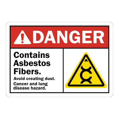 Warning: Contains Asbestos Fibers Avoid Creating Dust Sign Sticker with red header, warning triangle icon, hazard symbol graphic, bold text on white background