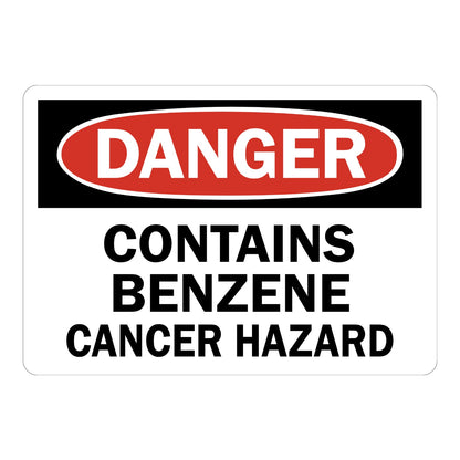 OSHA Danger: Contains Benzene - Cancer Hazard Sign Sticker with black header, red oval DANGER banner, bold text on white, ideal for chemical storage labeling