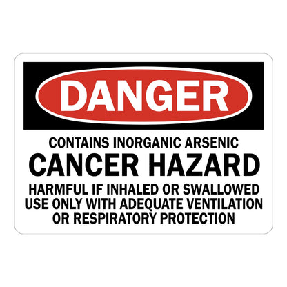 OSHA Danger: Contains Inorganic Arsenic Cancer Hazard Sign Sticker with black header, red oval DANGER banner, bold text on white, for arsenic cancer hazard warning