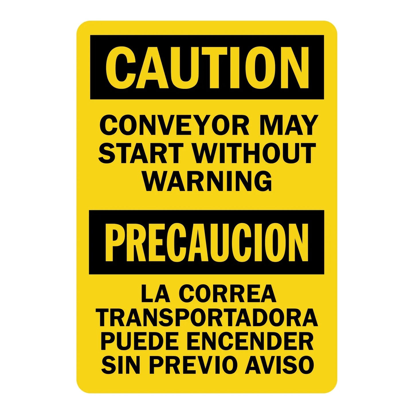Bilingual OSHA Warning: Conveyor May Start Without Warning sign stickers featuring bold black text on yellow background in English and Spanish