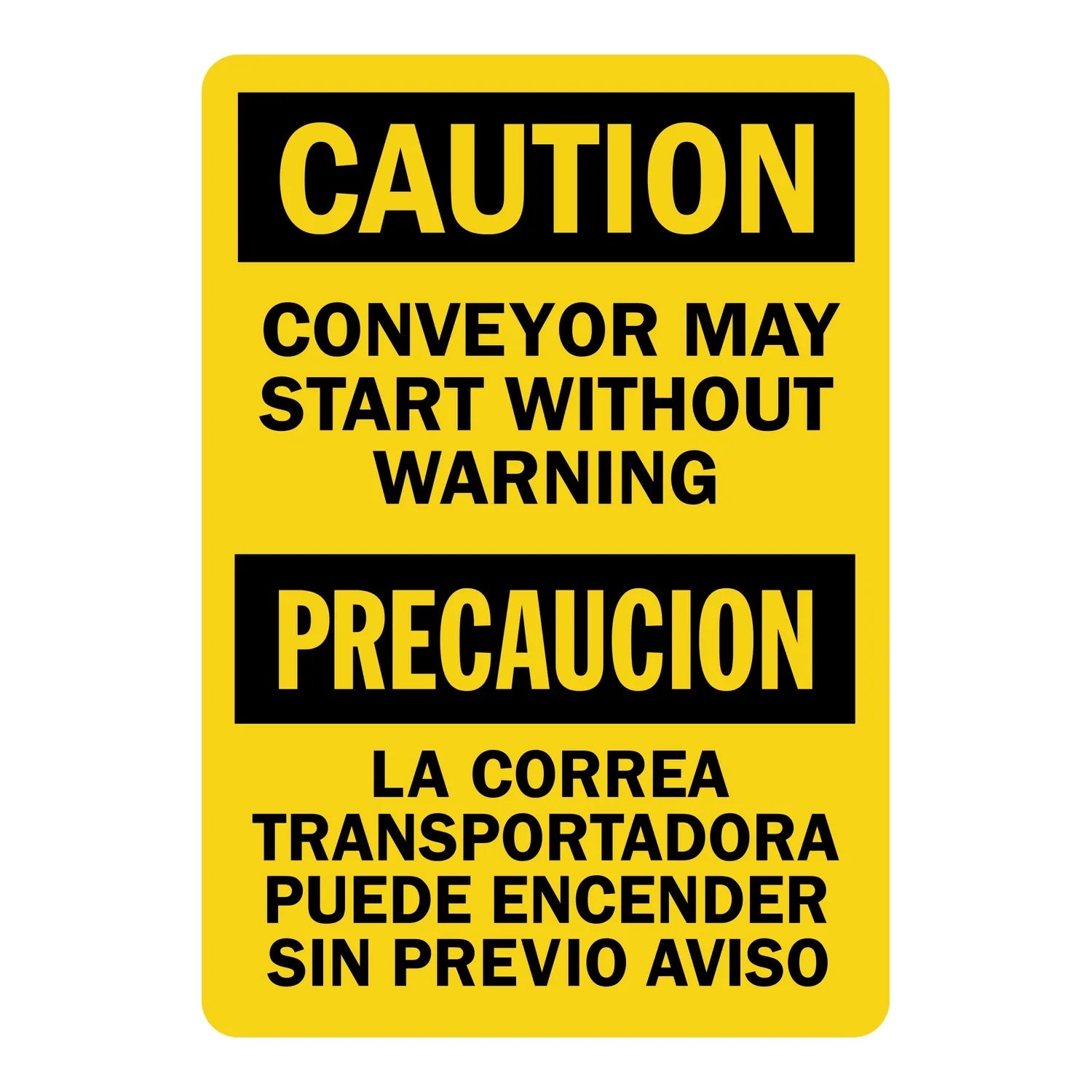 Bilingual OSHA Warning: Conveyor May Start Without Warning