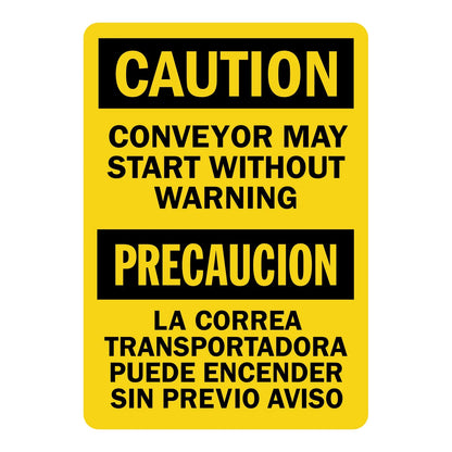 Bilingual OSHA Warning: Conveyor May Start Without Warning sign stickers featuring bold black text on yellow background in English and Spanish