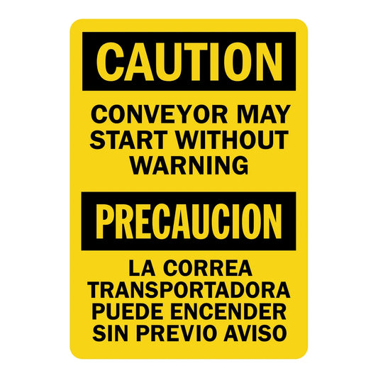 Bilingual OSHA Warning: Conveyor May Start Without Warning