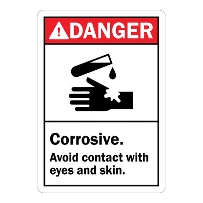 ANSI Danger Corrosive Avoid Contact With Eyes And Skin Sign Sticker featuring red danger header with corrosive liquid hazard icon and bold warning text urging workers to prevent skin and eye contact
