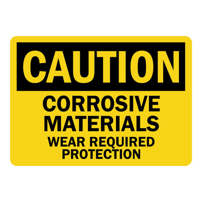OSHA Caution Corrosive Materials Wear Required Protection Sign Sticker featuring bold black text on bright yellow background with high visibility caution header requiring workers to wear required protection near corrosive materials