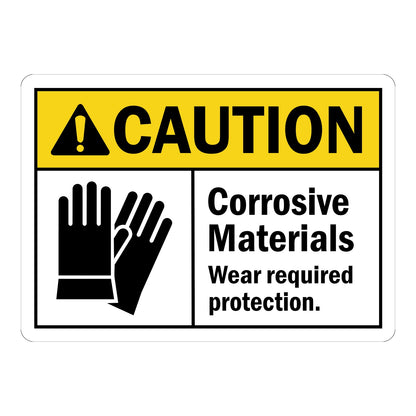 ANSI Caution Corrosive Materials Wear Required Protection Sign Sticker featuring yellow caution header with protective gloves icon and bold text reminding workers to wear required protection when handling corrosive materials