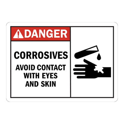ANSI Danger Corrosives Avoid Contact With Eyes And Skin Sign Sticker featuring red danger header with triangle alert icon alongside corrosive liquid dripping onto hand icon and bold black text warning against eye and skin contact