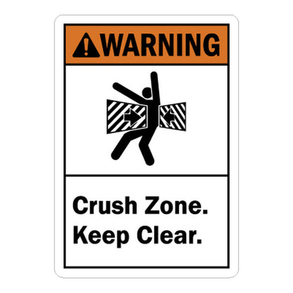 ANSI Warning: Crush Zone, Keep Clear Sign Stickers – Bold orange WARNING header, figure being crushed between two closing panels. Ideal for machinery, automated doors & industrial zones.