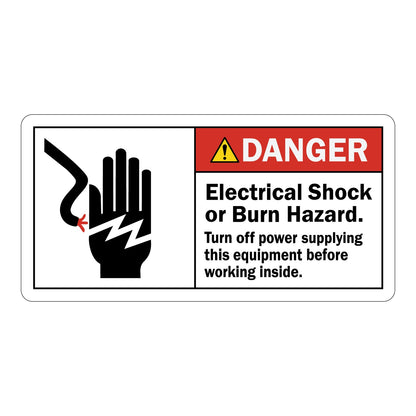 ANSI Danger Electrical Shock Or Burn Hazard Turn Off Power Before Working Inside Sign Sticker featuring a red danger header, hand electric shock symbol, and bold power shutoff instruction text.