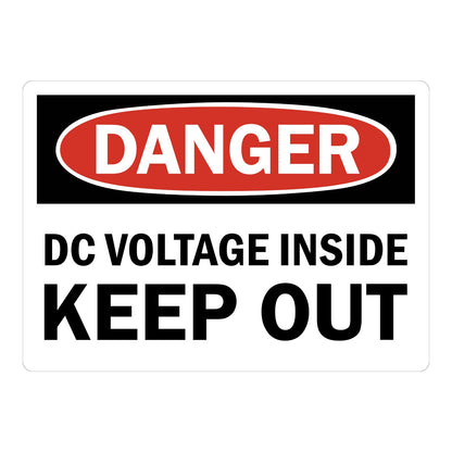 OSHA Danger DC Voltage Inside Keep Out Sign Sticker with black header, red oval banner, and bold black text on white background for electrical DC voltage hazard areas.