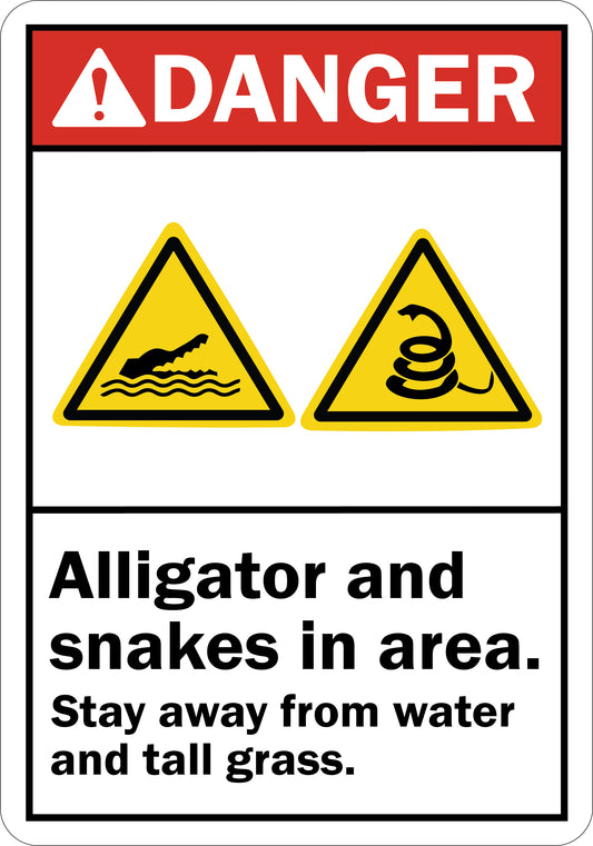 ANSI Danger Alligator And Snakes In Area Stay Away From Water And Tall Grass Sign Stickers