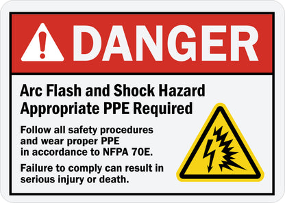 ANSI Danger Arc Flash And Shock Hazard Appropriate PPE Required Sign Sticker with a red danger header, yellow arc flash triangle symbol, and NFPA 70E compliance and injury warning text.