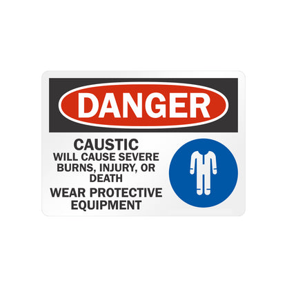 OSHA Danger Caustic Will Cause Severe Burns Injury Or Death Sign Sticker with black header, red oval banner, and blue coverall icon for chemical burn hazard areas.