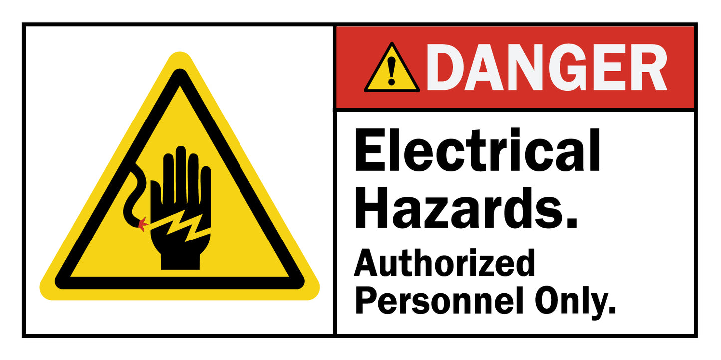 ANSI Danger Electrical Hazards Authorized Personnel Only Sign Sticker featuring a yellow triangle hand shock symbol, red danger header, and bold restriction warning text