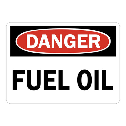 OSHA Danger Fuel Oil Sign Sticker with white background, red and black DANGER header, and large bold black text warning of flammable fuel hazard on site