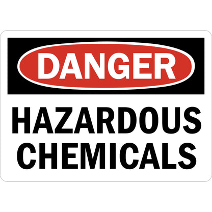 OSHA Danger sign sticker with red oval header reading DANGER and bold black text: Hazardous Chemicals on white background. Chemical hazard safety warning sign sticker.