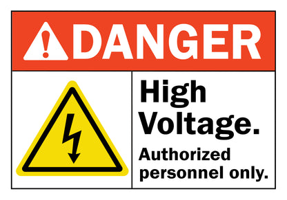 ANSI Danger High Voltage Authorized Personnel Only Sign Sticker featuring a red danger header, yellow triangle lightning bolt symbol, and bold restricted access warning text.