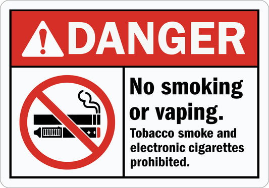 ANSI Danger No Smoking Or Vaping Tobacco Smoke And Electronic Cigarettes Prohibited Sign Stickers