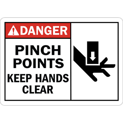 ANSI Danger Pinch Points Keep Hands Clear Sign Sticker featuring a red danger header, hand crush force from above graphic, and bold pinch point hands clear warning text.