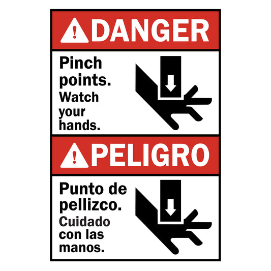 Bilingual ANSI Danger Peligro Pinch Points Watch Your Hands Sign Stickers with Graphic