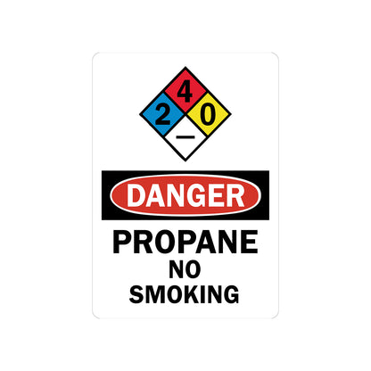 OSHA Danger sign sticker with NFPA diamond rating 2-4-0, red oval header and bold black text: Propane No Smoking on white background. Hazmat safety sign sticker.