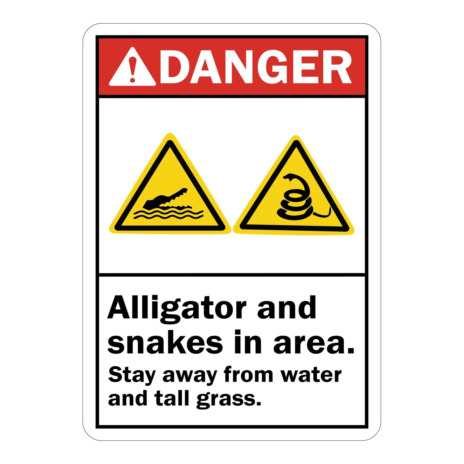ANSI Danger Alligator And Snakes In Area Stay Away From Water And Tall Grass Sign Stickers