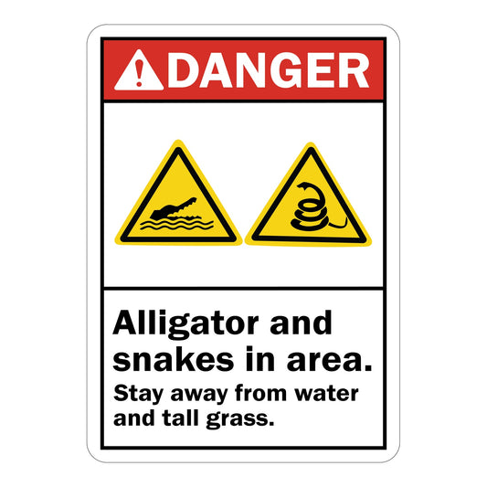 ANSI Danger Alligator And Snakes In Area Stay Away From Water And Tall Grass Sign Stickers